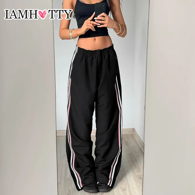 IAMHOTTY Street Style Side Double Colored Striped Pants Elastic High Waist Loose Sweatpants Vintage Trousers Jogging Casual Y2K