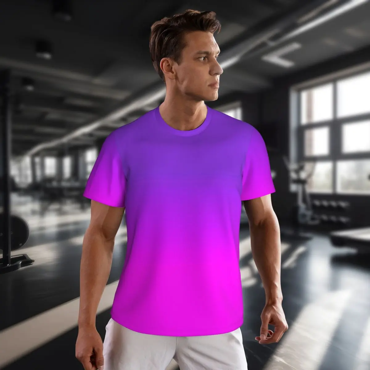 Gym T-Shirt For Mens Ombre Print T Shirts Fashion Neon Purple and Pink Summer Tees O Neck Streetwear Graphic Tops Gift