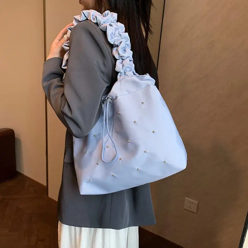 

Korean Trendy Drawstring Pleated Shoulder Bag Fashion Large Capacity Tote Bag Sweet Cool Casual Versatile Handbag For Women