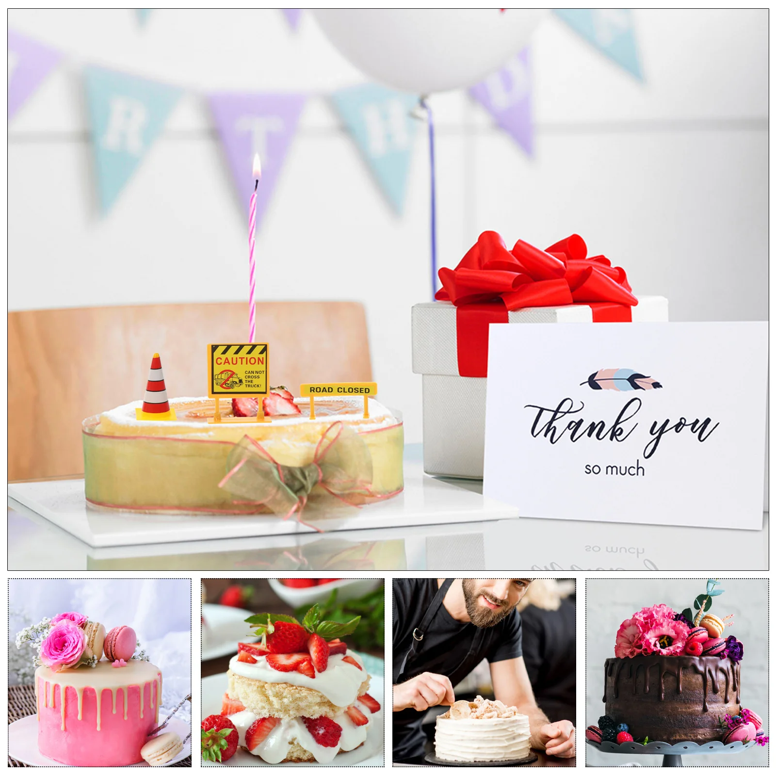 

5Sets Fireman Dreamer Cake Topper Yellow Roadblock Creative Birthday Party Cupcake Picks Decoration Accessories