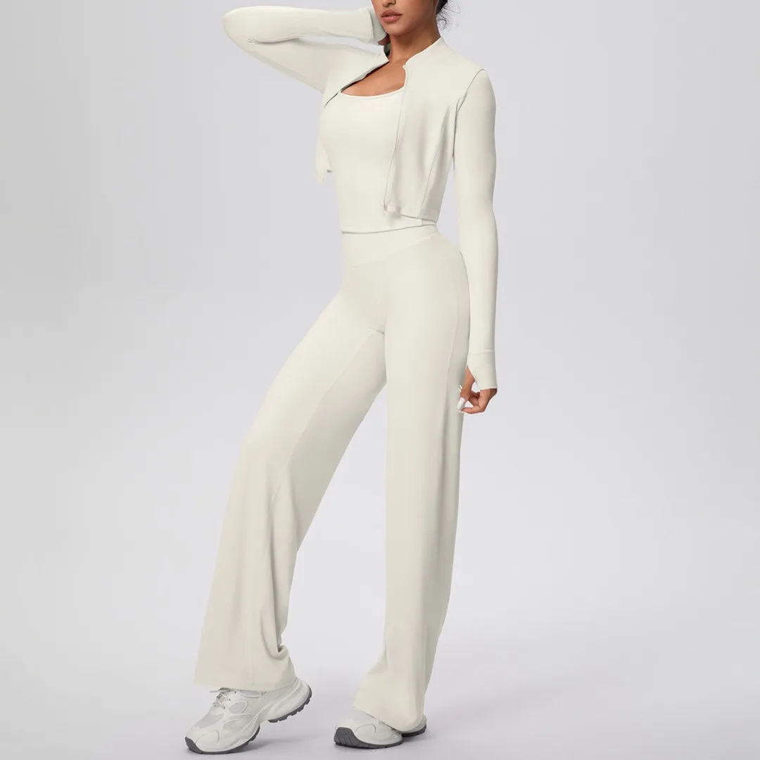 

Женский жилет-борцовка, костюм для йоги, спортивные брюки с высокой талией и широкими штанинами, куртка на молнии, комплект из трех предметов для бега и фитнеса, спортивная одежда