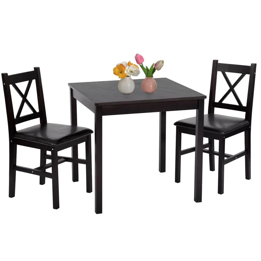 

3Piece Solid Wood Dining Table Dark Brown Pine Kitchen Table with Upholstered Chairs SpaceSaving Design Smooth EasytoClean Surfa
