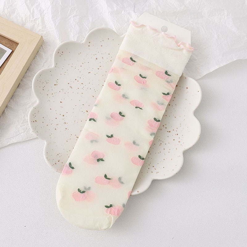  5 Pairs Women Lettuce Edged Round Neck Socks Fashionable Fruit Print Summer Thin Design Soft Comfortable Breathable Casual Socks 
