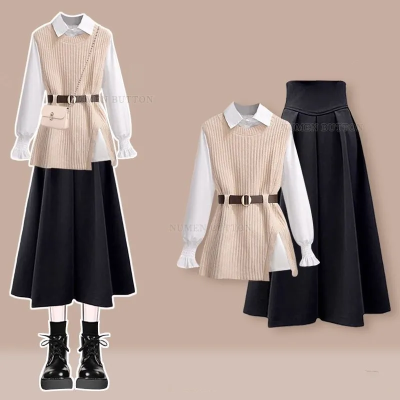 

Women's Autumn Winter New Vintage Knit Sweater Vest+Shirt+High Waisted Midi Skirt 3-piece Suit Korean Elegant Dress Matching Set