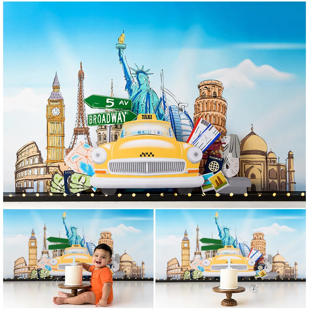 Tiny Tourist Truck Photo Background Children Birthday Cake Smash Photography Backdrop World Travel Photo Studio Props