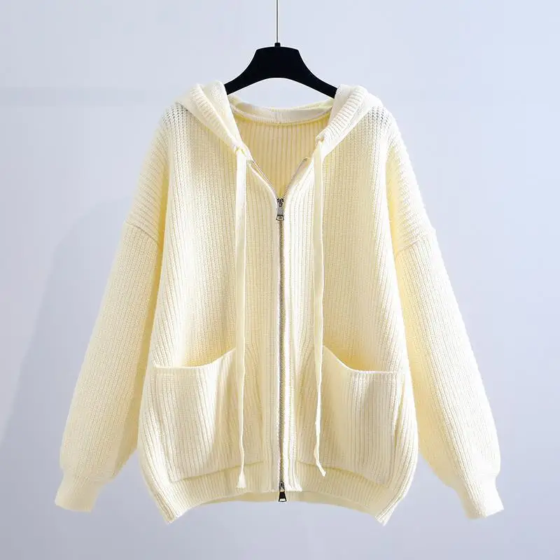 EVNISI Winter Cute Women Hooded Loose Sweater Coat Zipper Long Sleeve Knitting Thickening Sweater Coat For Women Jumpers 2023