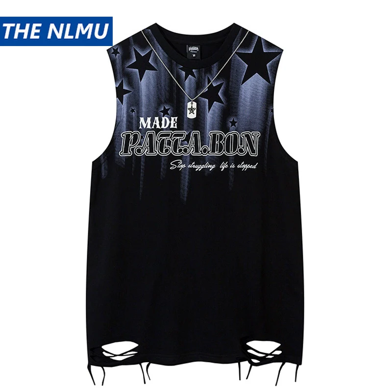 

Hip Hop Tank Tops Men's Vintage Star Graphic Sleeveless T-Shirt Streetwear Hole Harajuku Dancing Breathable Tops with Necklace
