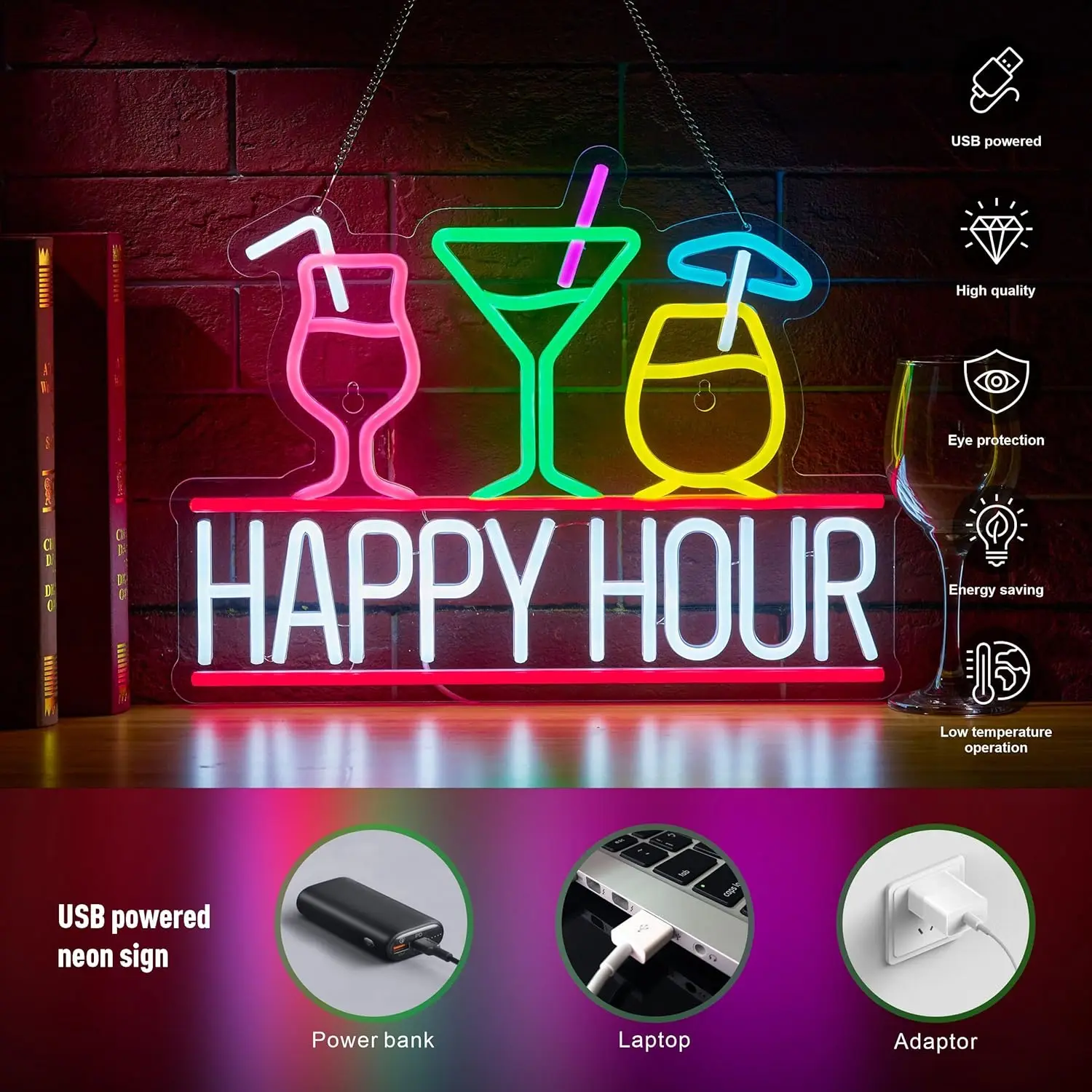 Happy Hour LED Neon Sign for Wall Decor Beer Bar 5/12V USB with Dimmable Switch Light for Bar Pub Man Cave Party Club Decor
