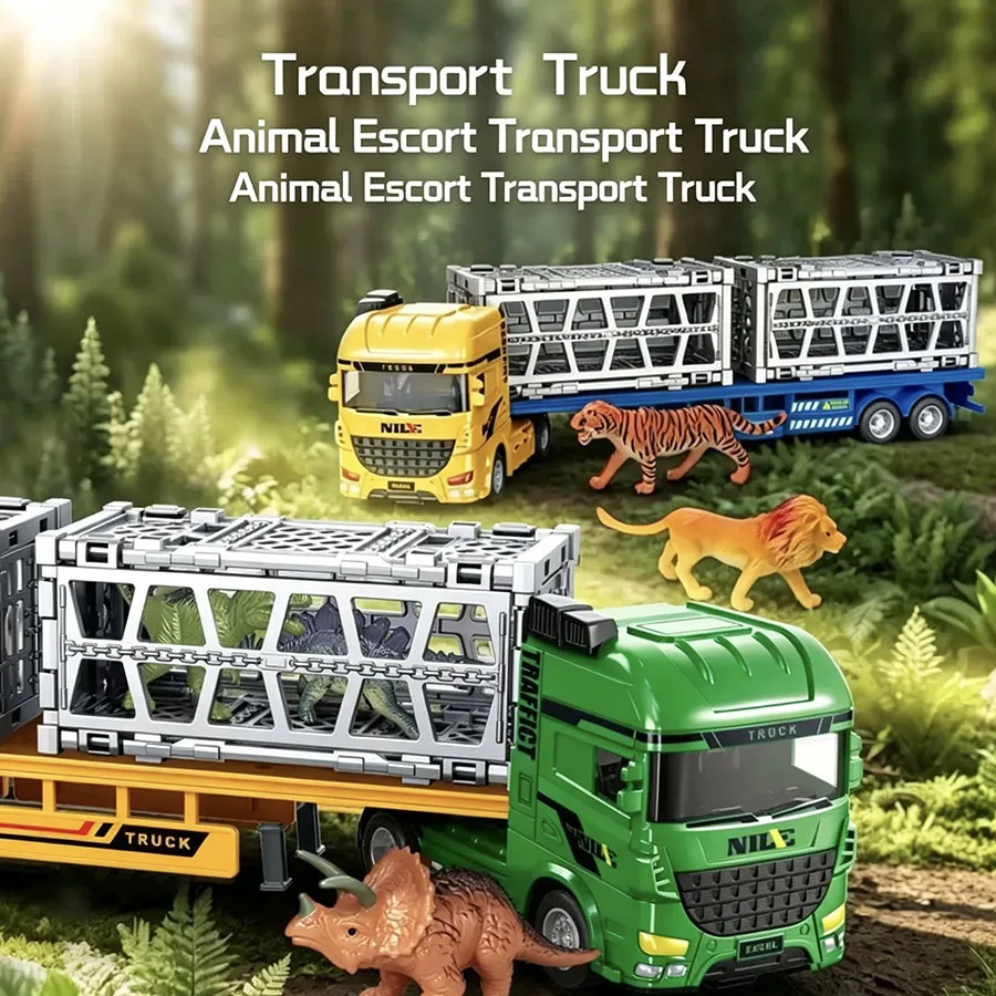 1 Piece Inertia Animal Transport Semi Trailer Flatbed Toy Truck Model, Double Layer Removable Rear Fence, Gift for Kids 3+
