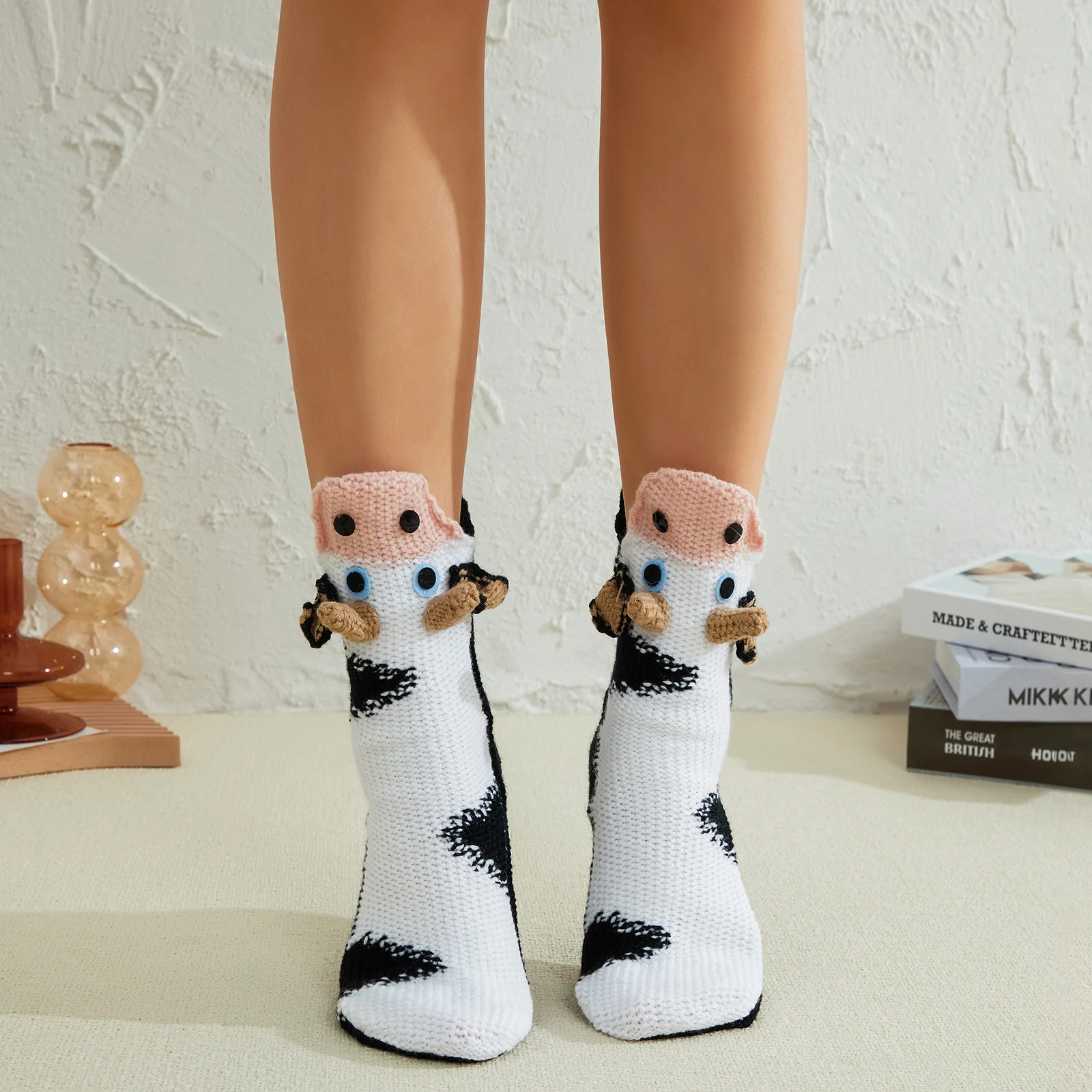 Calcetines de ganchillo de punto a mano para mujer, cálidos, 3D, boca ancha de animales, accesorios de ropa, Invierno