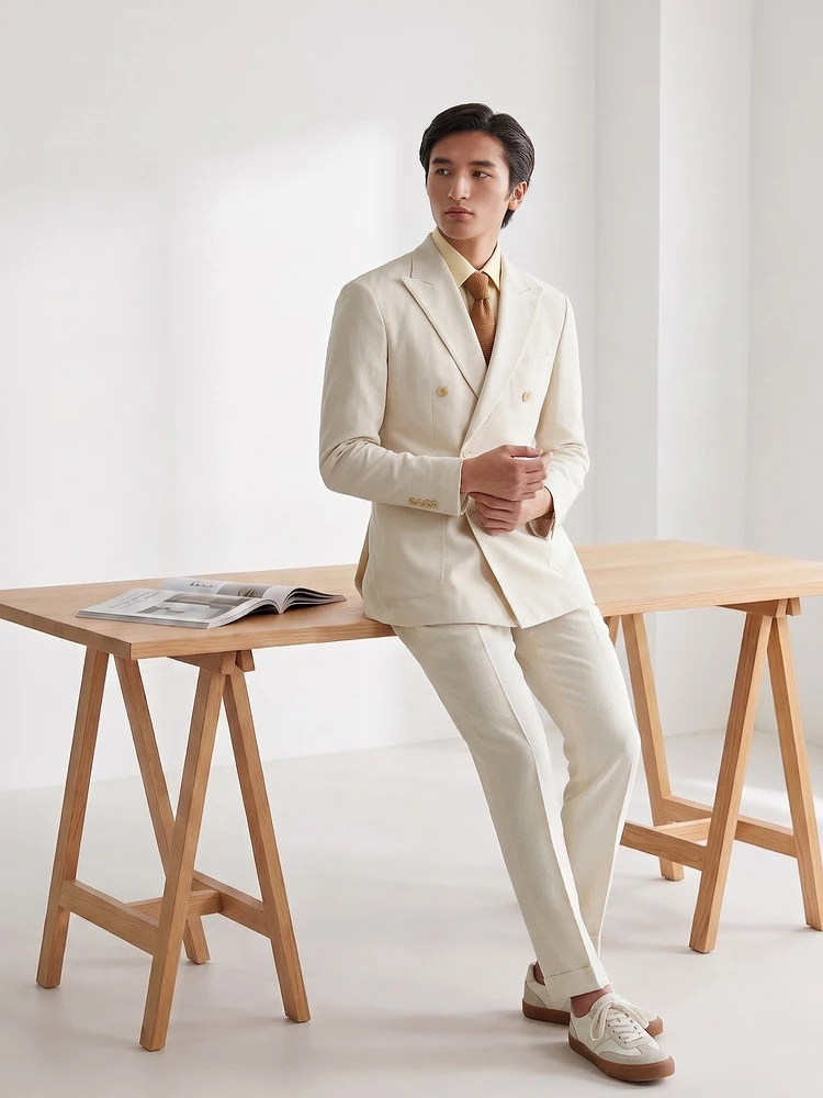 Men's Seersucker Suit Double Breasted Lightweight Blazer Set Breathable Business Tuxedo Summer Wear Wrinkle Free Fabric