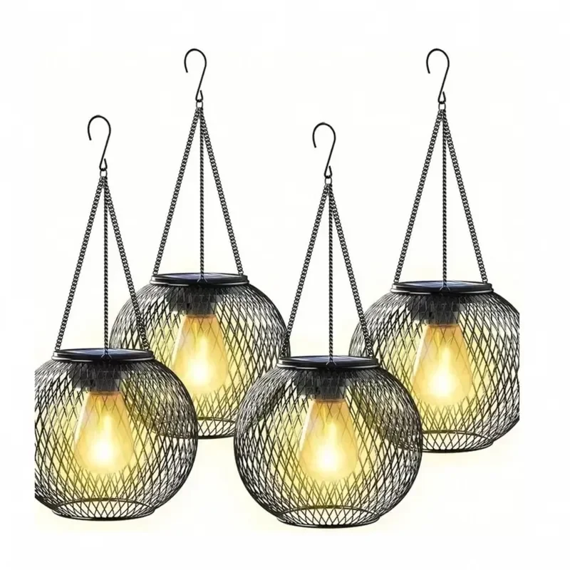 For Solar Wrought Iron Tennis Lantern Lamp Retro Net Chandelier Outdoor Garden Decoration Hollow Lantern