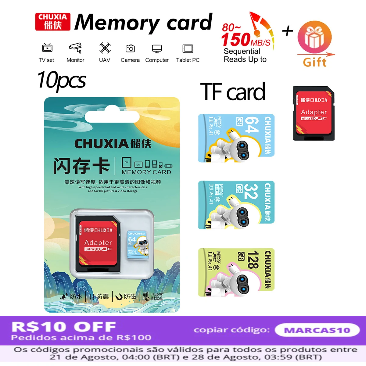 High Speed Micro Flash Memory Card, Mini TF Cartões para Dispositivos Digitais, Câmera, Classe 10, 128GB, 256GB, 32GB, 64GB, 10Pcs