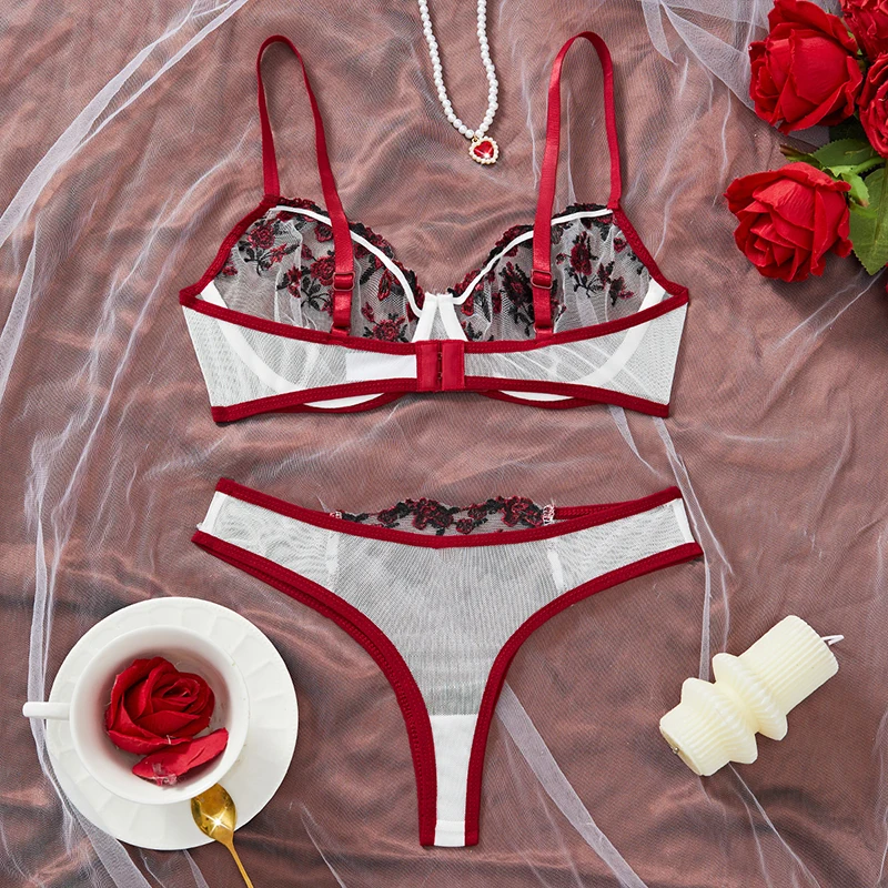 Lencería Sexy para mujer, ropa interior transparente exquisita ultrafina, conjunto de sujetador Floral con bordado de contraste blanco y rojo, disfraces eróticos