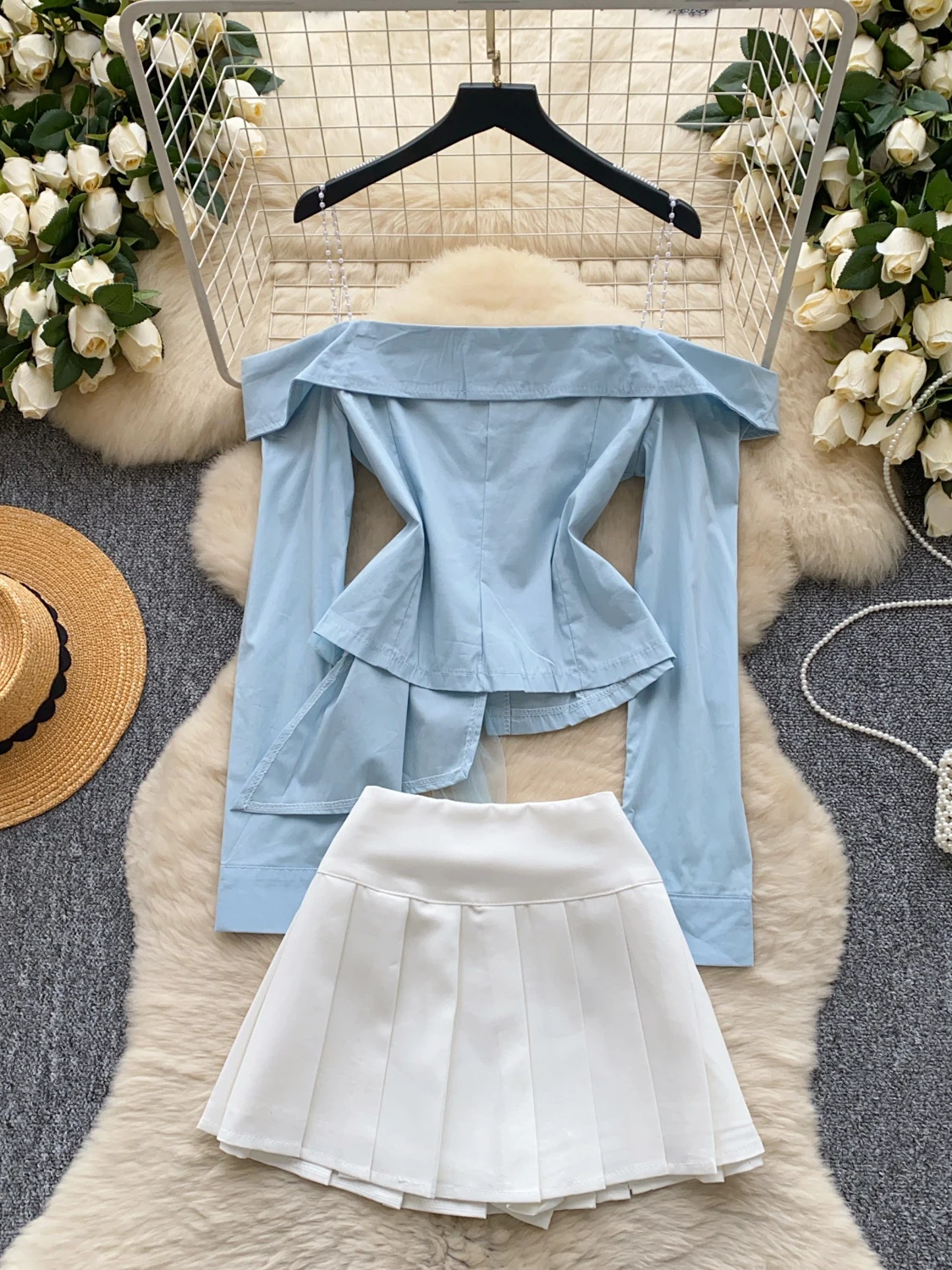 Long Sve Me One oulder irt High Waist Pleated  Skirt Two Piece Set Faionable Young Women's Summer Outfit