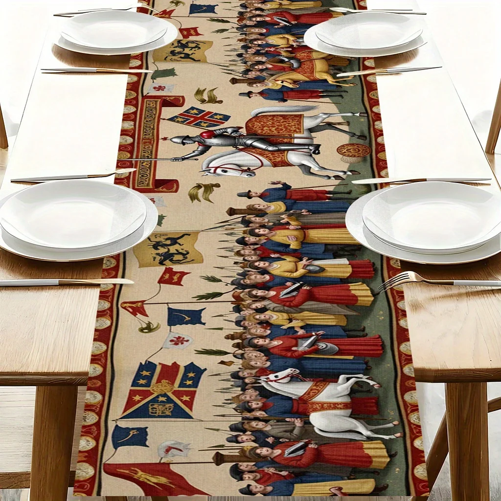 1pc Medieval Knight Parade Table Runner Festive Decorative Cloth for Home Kitchen Dining Office Living Room Holiday Party Decor