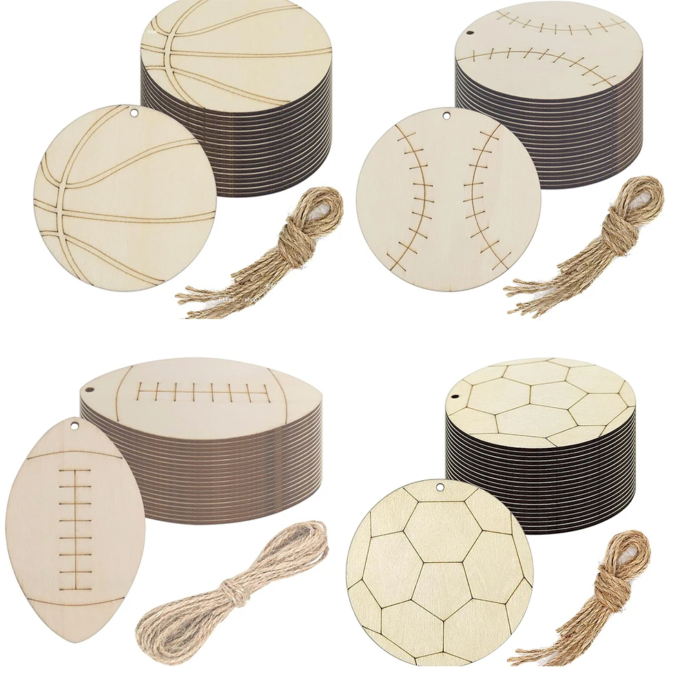 12 stücke Sport ball Holz hängende Verzierung Basketball Anhänger für Sport themen orientierte Geburtstags feier Dekorationen DIY Malerei liefert