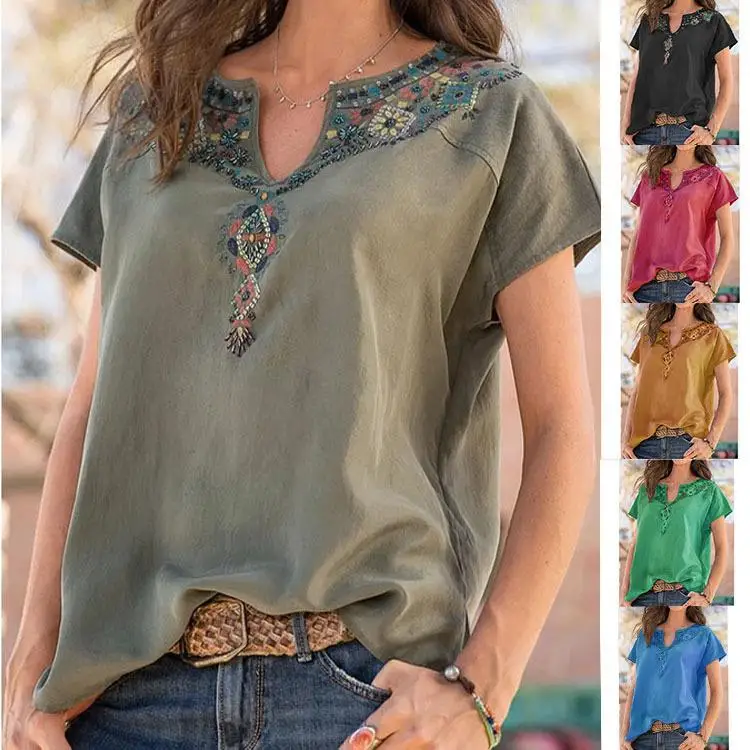 

Women's Western Sle ort Sve T-irt Ethnic Print Loose Fit Polyester Summer Top Faionable And Non-deformable