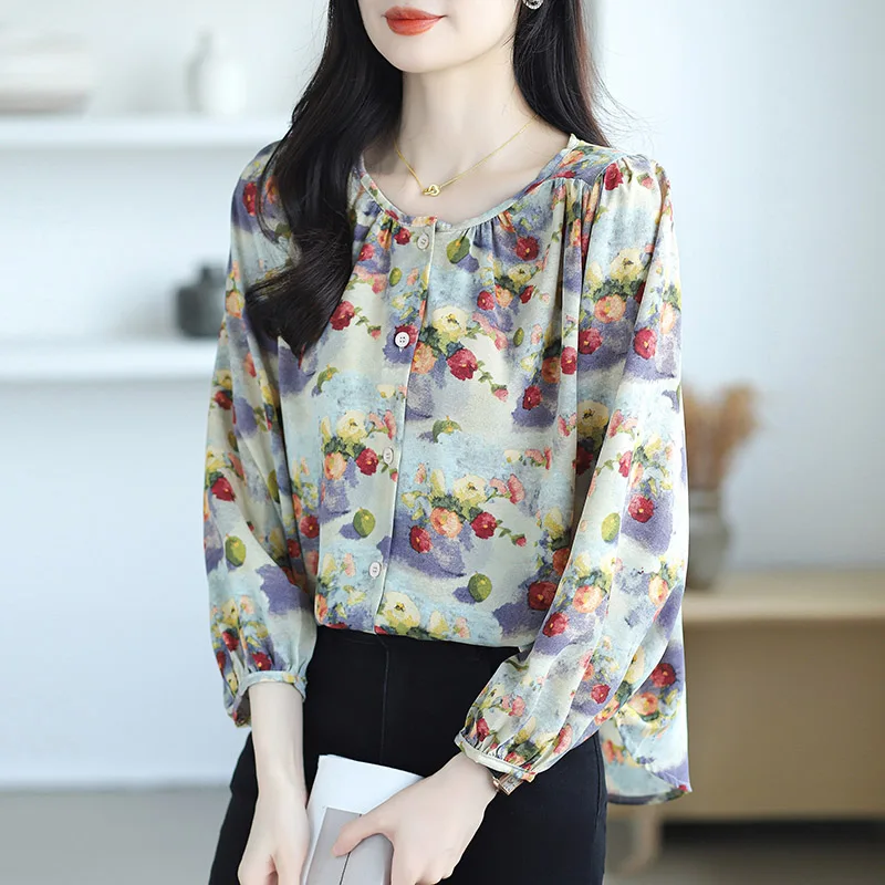 Women Clothing Fashion All-match Lantern Sleeve Chiffon Shirt Autumn Chic Print Button Blouses Lady Muslim O-neck Chic Tops