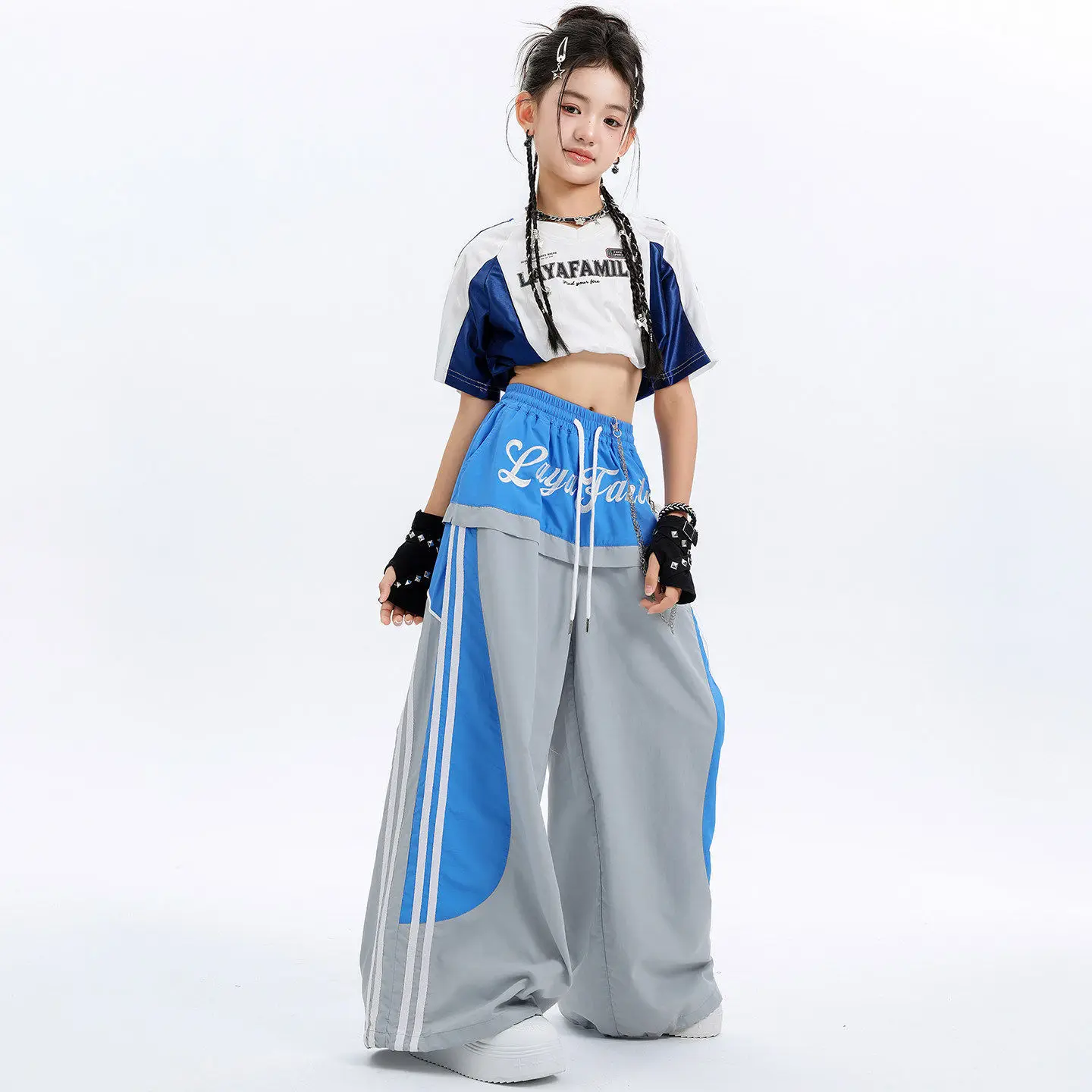 Kid Kpop Hip Hop Clothing White Blue Elastic Hem Crop T Shirt Gray Striped Wide leg Pants for Girl Street Dance Costume Clothes