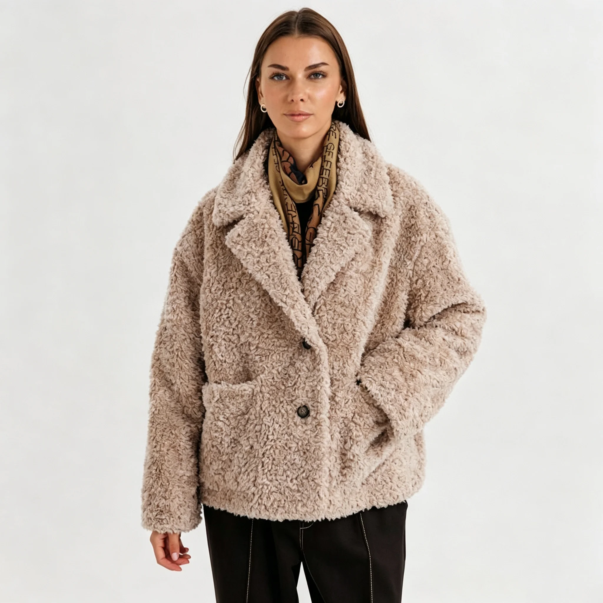 RU Women Teddy Fleece Jacket Notched Single Breasted Buttons Loose Drop Shoulder Warm Autumn Winter Ladies Fuzzy Coat