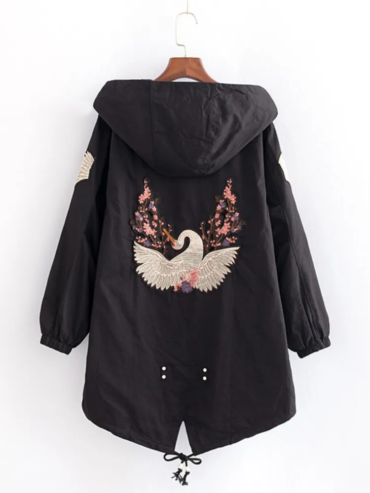 Women's Back Crane Embroidery Trench Coats, Windproof Outerwear, Casual Fashion, Autumn Clothing, Plus Size, 4XL, S41-8026