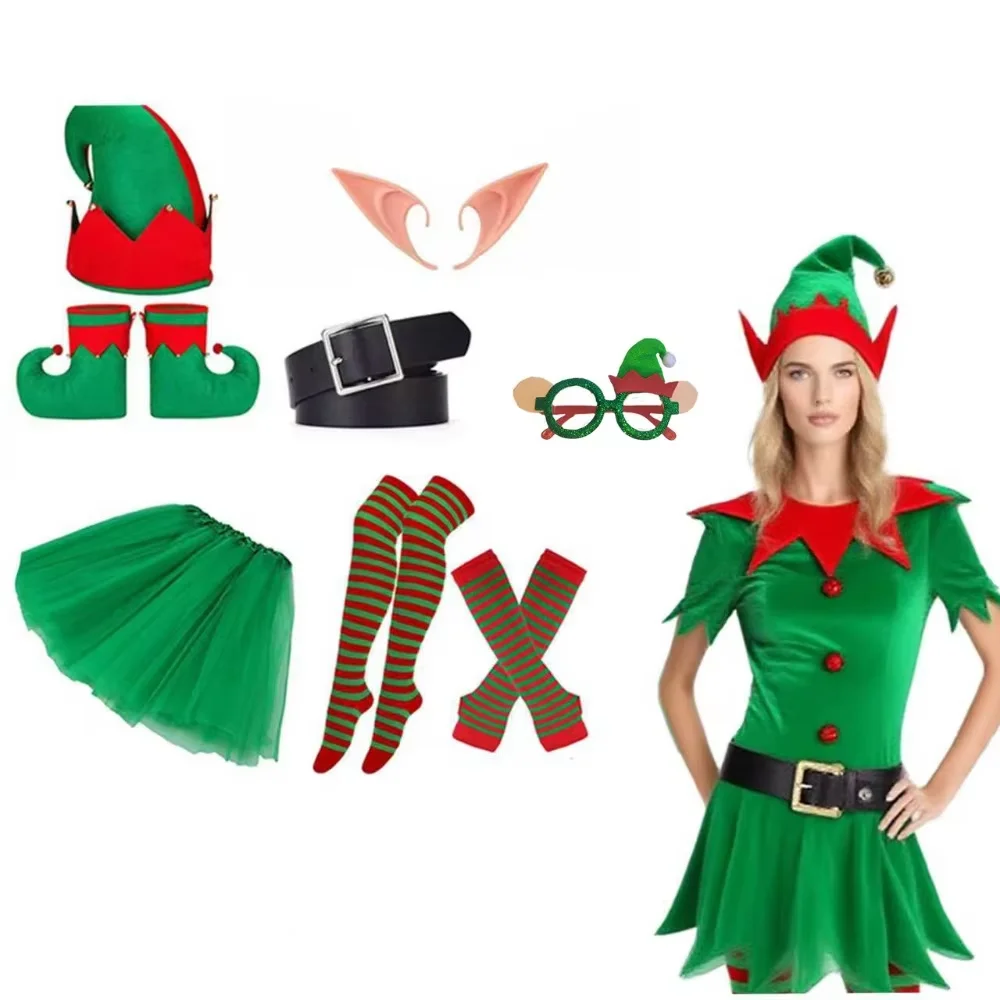 

PESENAR Elf Costume for Women Christmas Elf Aprons Hat Shoes Covers Socks Felt Striped Stockings Ears for Xmas Cosplay