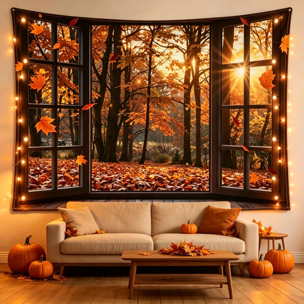 1PC Fall Leaves Window View Print Backdrop Banner, Bedroom Photo Background, Polyester, Party Decoration, Home Decor, Wall Art