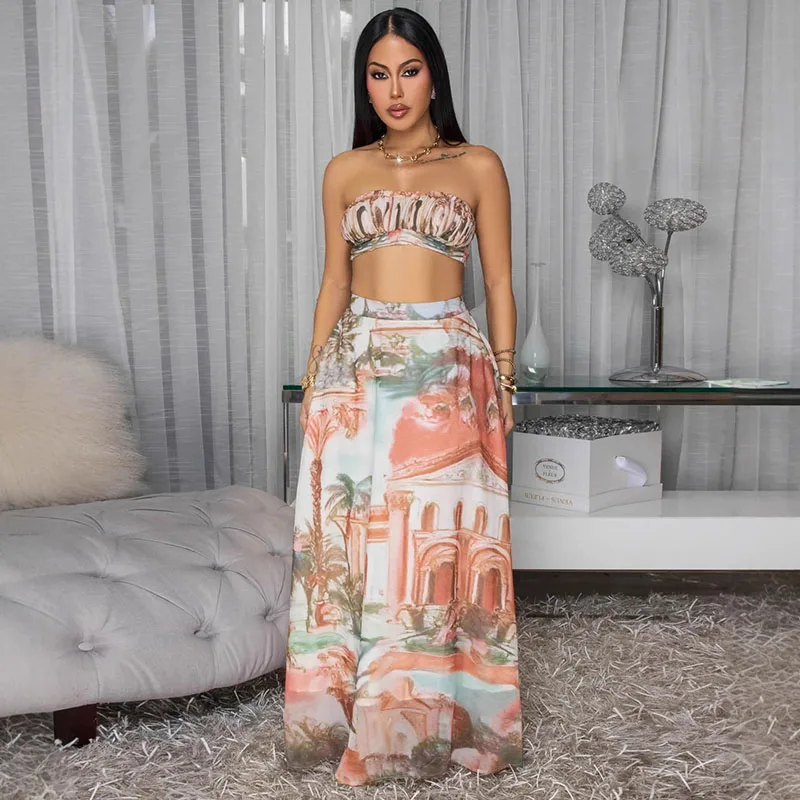 

Сексуальное вечернее платье макси с шифоновым принтом, женские комплекты из двух предметов, клубная одежда, жилет с рюшами, укороченный топ и длинная юбка с высокой талией, одинаковые комплекты