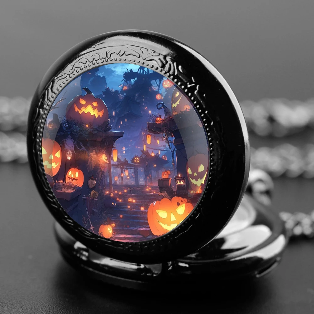 Halloween Jack o 'Lantern Glass Dome Vintage Arabic Numerals Quartz Pocket Watch Necklace Pendant Clock Chain Men Women for Kids