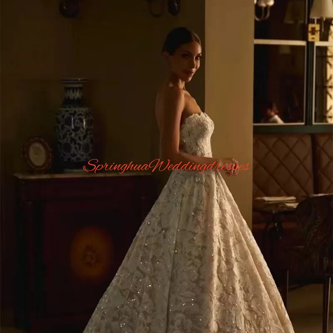 

Customzied Luxury Exquisite Glitter Sweetheart Neck Wedding Dress Ivory Flower Lace Strapless bridal gown vestidos