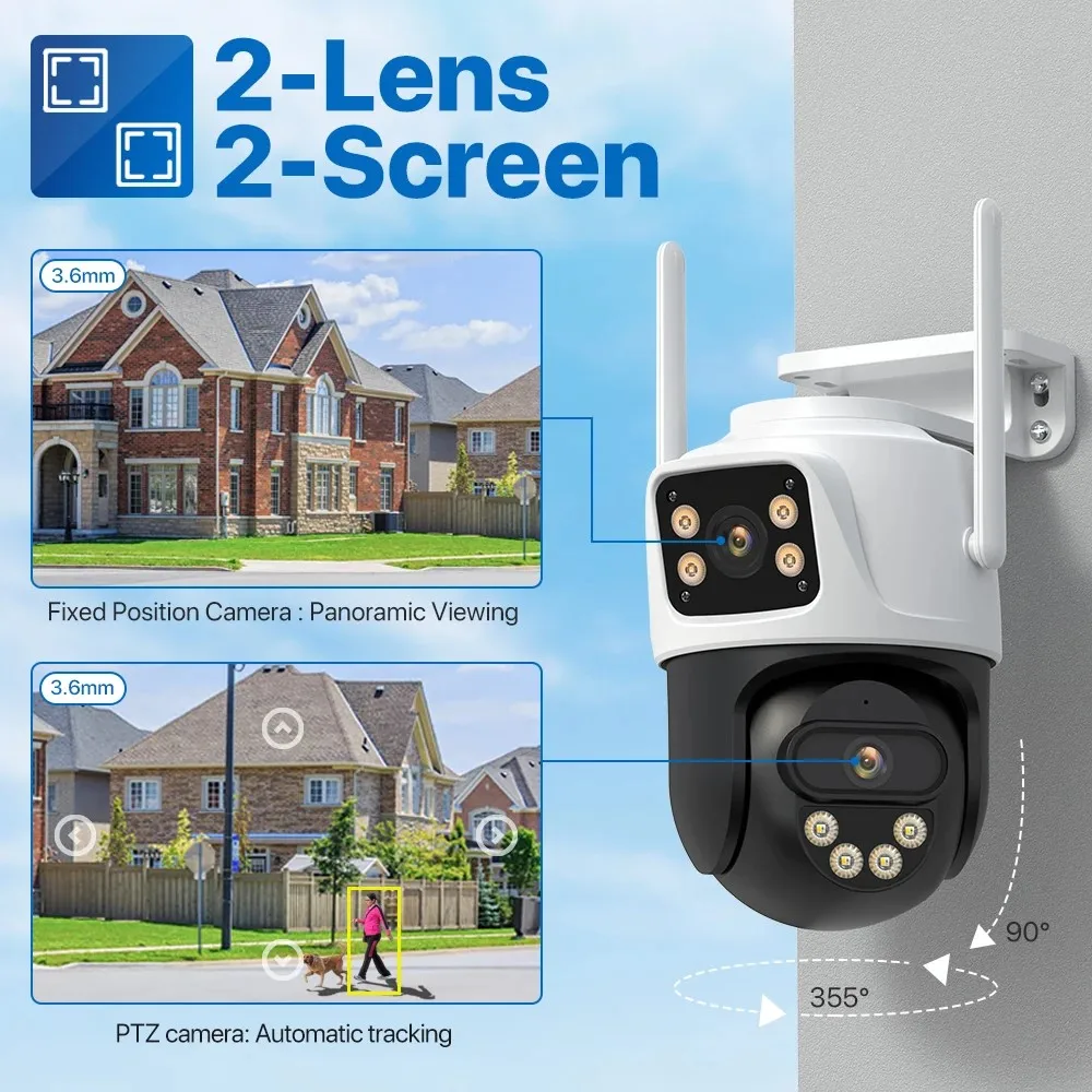 8MP 4K PTZ Wifi Camera Dual Lens Dual Screen 4MP HD Wireless Outdoor IP Camera AI Human Detection P2P Video Surveillance iCSee