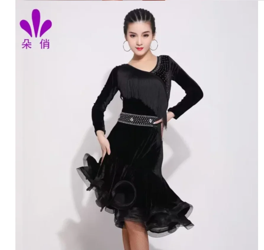 1pcs/lot woman fashion velvet latin dancing dress lady winter long sleeve cha cha dancing ruffles dress