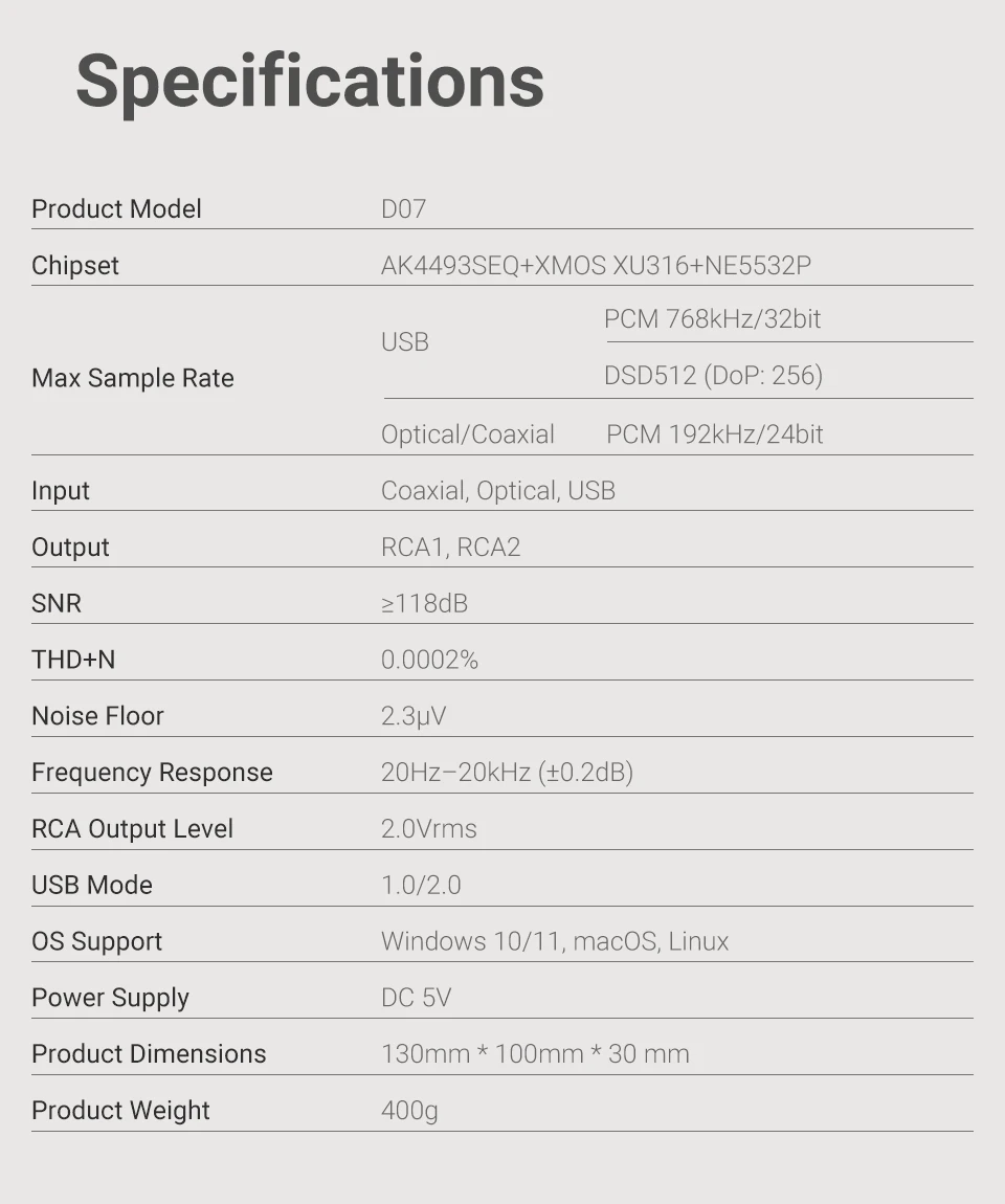 AIYIMA D07 DAC XMOS XU316 AKM 4493S HIFI Mini Desktop-Decoder PCM 768kHz/32Bit DSD512 Optischer/Koaxial/USB-Eingang RCA-Ausgang – Detail 18
