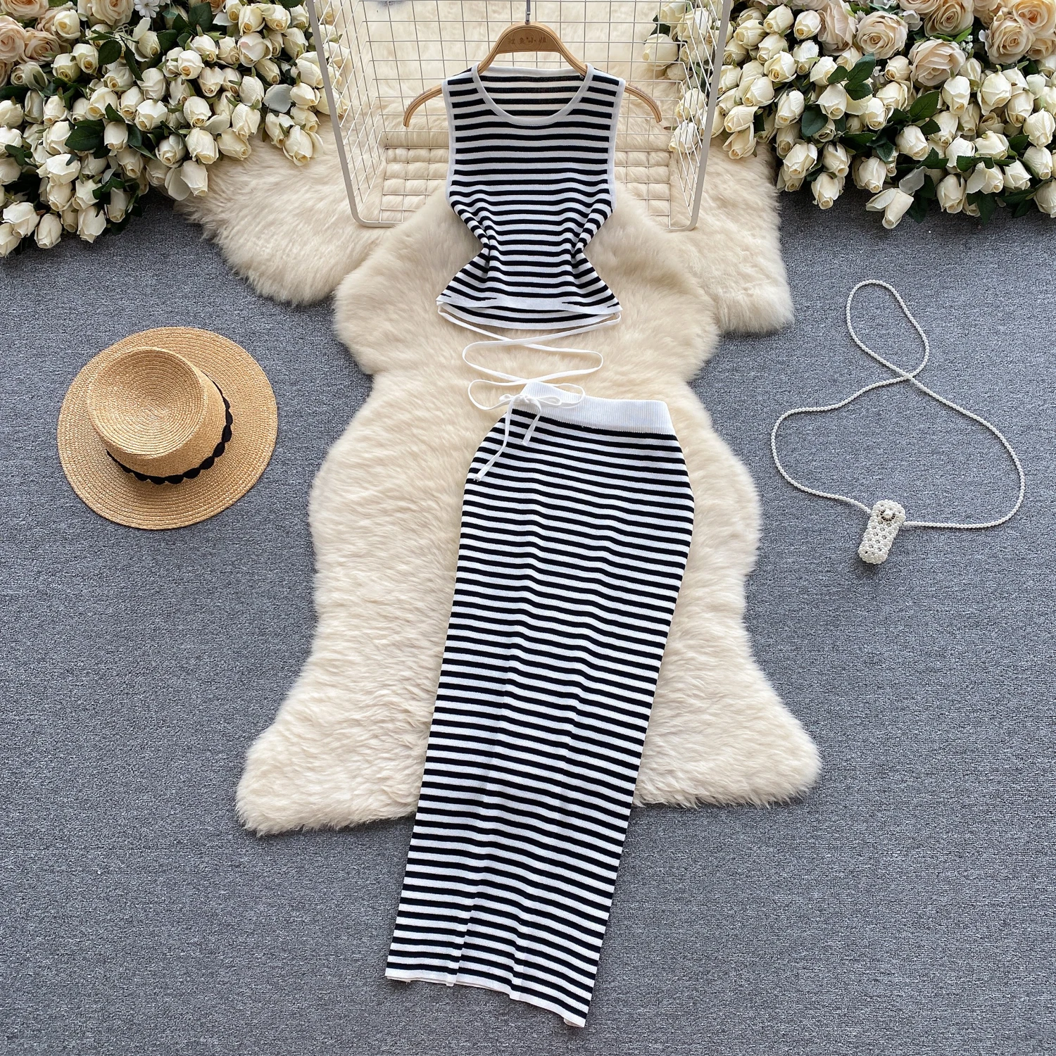 REALEFT Summer 2 Pieces Striped Women\'s Knitted Skirts Suits O-Neck Tops and Wrap Sheath Long Skirts Sets Outfits 2024 New