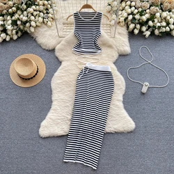 REALEFT Summer 2 Pieces Striped Women's Knitted Skirts Suits O-Neck Tops and Wrap Sheath Long Skirts Sets Outfits 2024 New