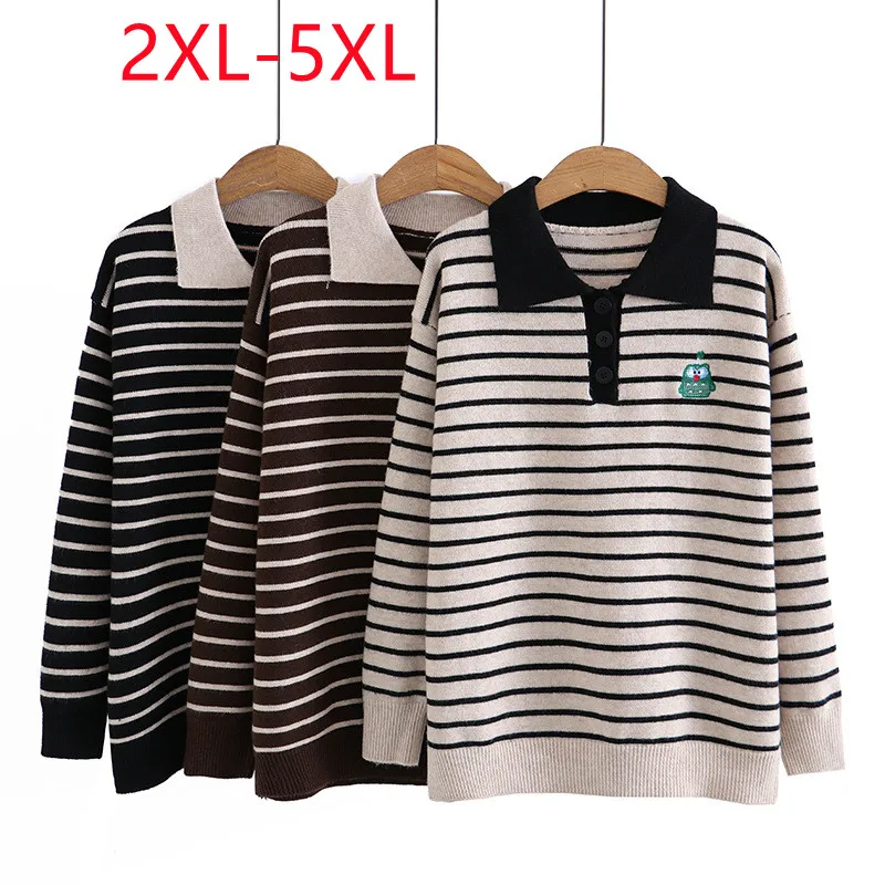 

New 2022 Ladies Autumn Winter Plus Size Tops For Women Large Size Long Sleeve V-neck Black Stripe Sweater 2XL 3XL 4XL 5XL