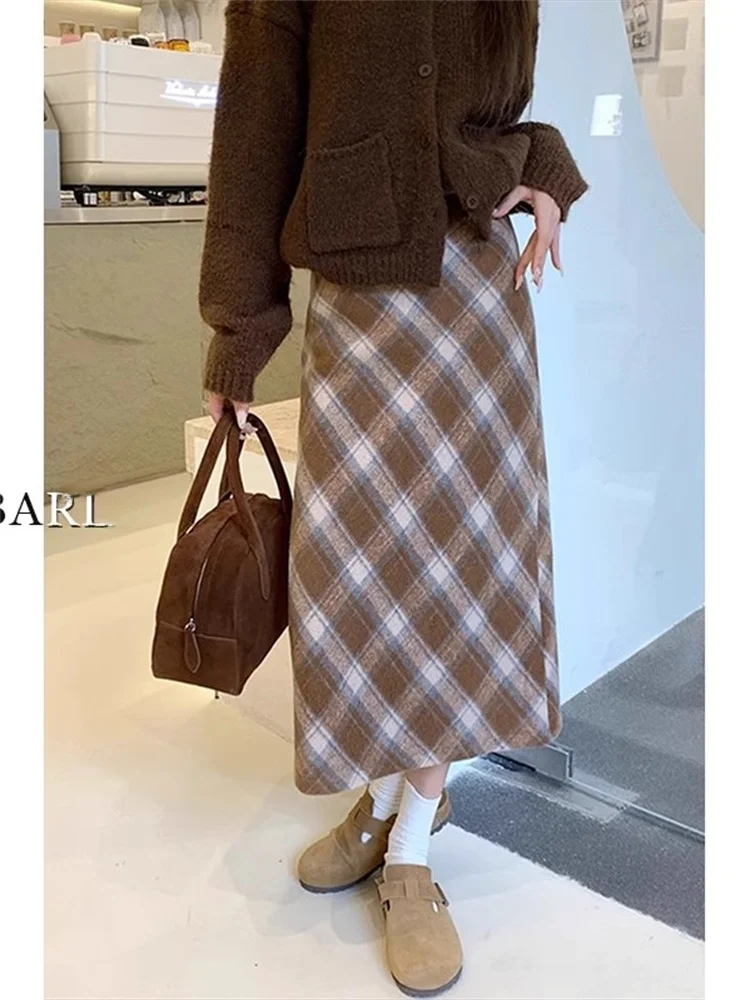 Khaki Woolen Plaid  Skirt Women's High Waist Slimming Pear Shape Mid-Length A-Line Skirt Korean Style Autumn Fashion