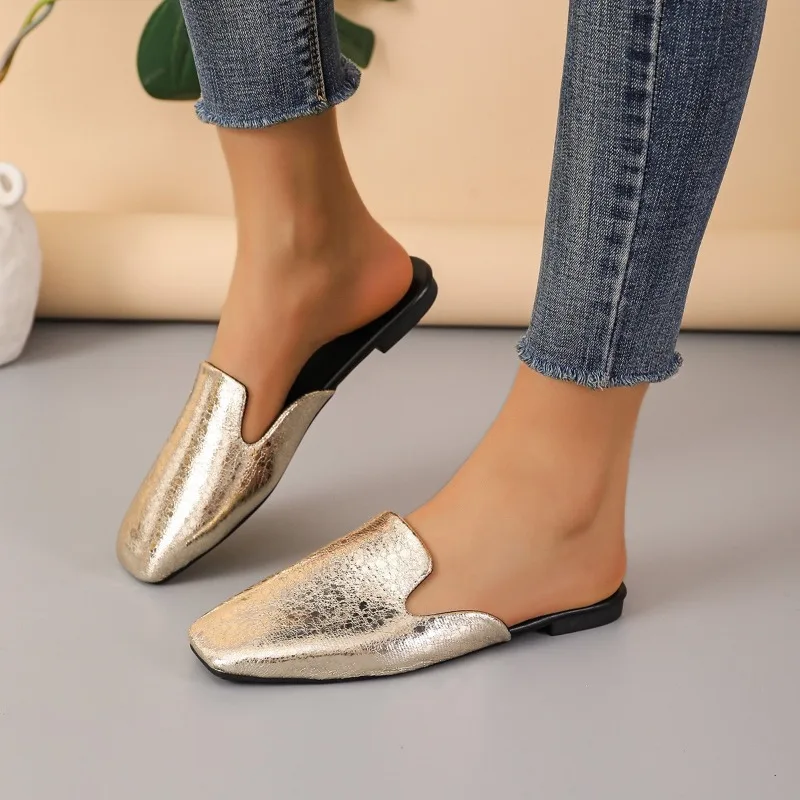 2024 New Fashion Gold Silver Flat Women Shoes Dress Slide Slippers Embossed Snake Leather Round Toe Pump Slides for Ladies