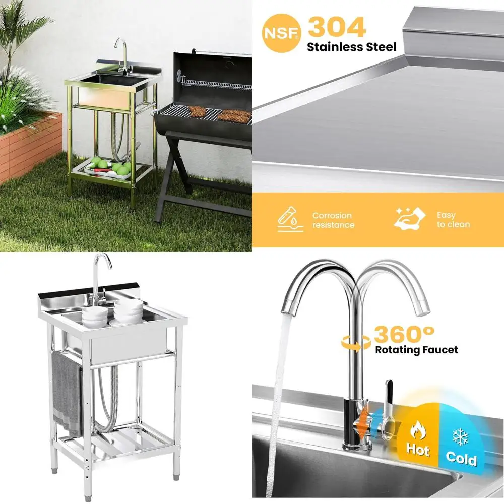 

22 Freestanding Single Bowl Stainless Steel Utility Sink with Cold and Hot Water Connections for Indoor and Outdoor Use