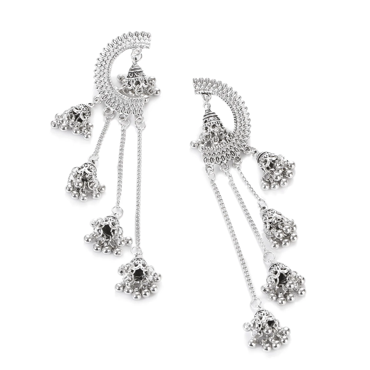Ethnic Geometry Alloy Long Tassel Earrings Indian Jewelry Women Oxidized Vintage Antique Bell Earrings Kolczyki