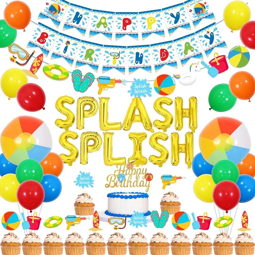 

Splish Splash Birthday Party Decor for Kids, Pool Party Supplies, Beach Theme, Happy Birthday Banner, Foil Balloon for Boy, Summ