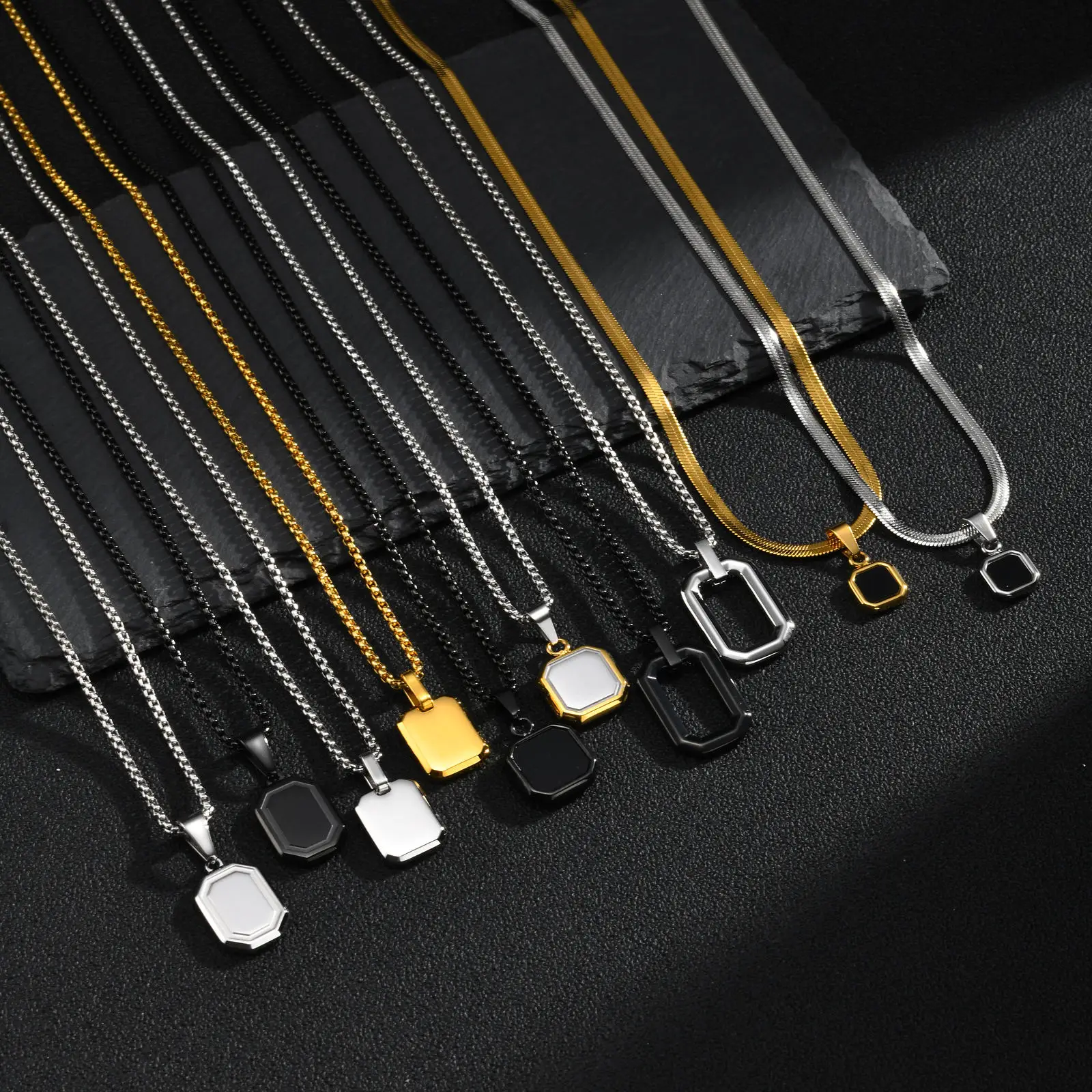 Vnox Herren-Halskette mit geometrischem quadratischem Anhänger, Edelstahl-Klingenkette, minimalistischer Schmuck, Geschenk für Jungen, Ehemann, Ihn – Detail 3