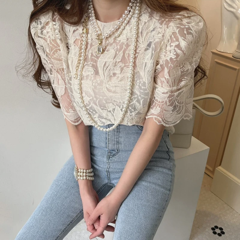 2023 Sexy Mesh Elegant Summer Shirts Korean See Through Embroidery Lace Blouse with Lining Two Piece Sets for Women Tops