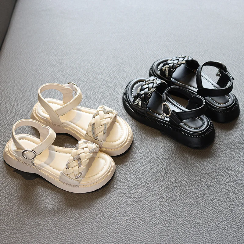 New Summer Style Fashionable Elegant Comfortable and Casual Thick-soled Rhinestone One-strap Girls\' Wear-resistant Sandals