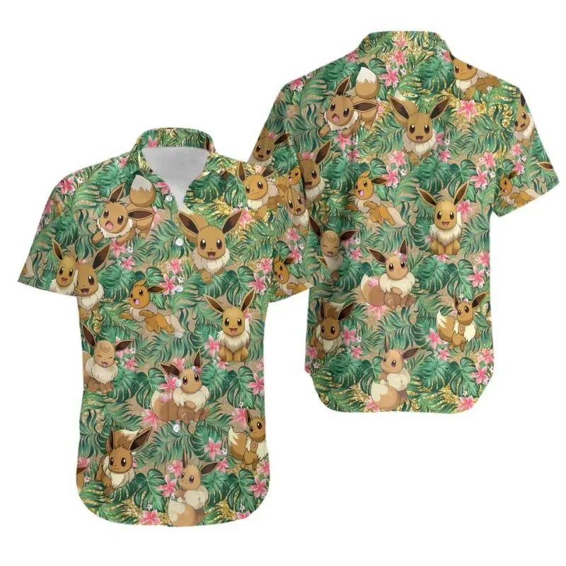 Pokemon Eevee Short Sleeve Hawaiian Shirts Men's Women's Kids Summer Casual Button Pikachu PKM Beach Shirts Tops