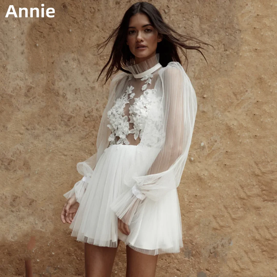 

Annie White Wedding Dress Lace Embroidery Applique Prom Dresses Tulle Long Sleeves Princess Mini Short Bespoke Occasion Dresses