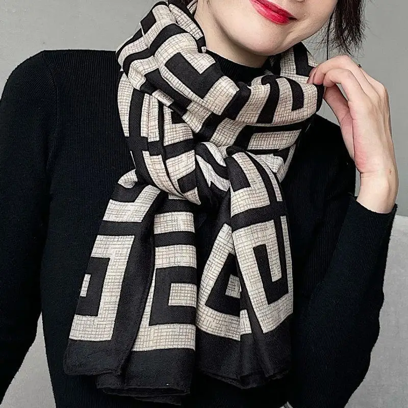 

Fashion Letter Scarf Shawl Dual-purpose Silk Scarf Women's All-match Autumn and Winter Ultra-thin Cotton and Linen Neck Guard