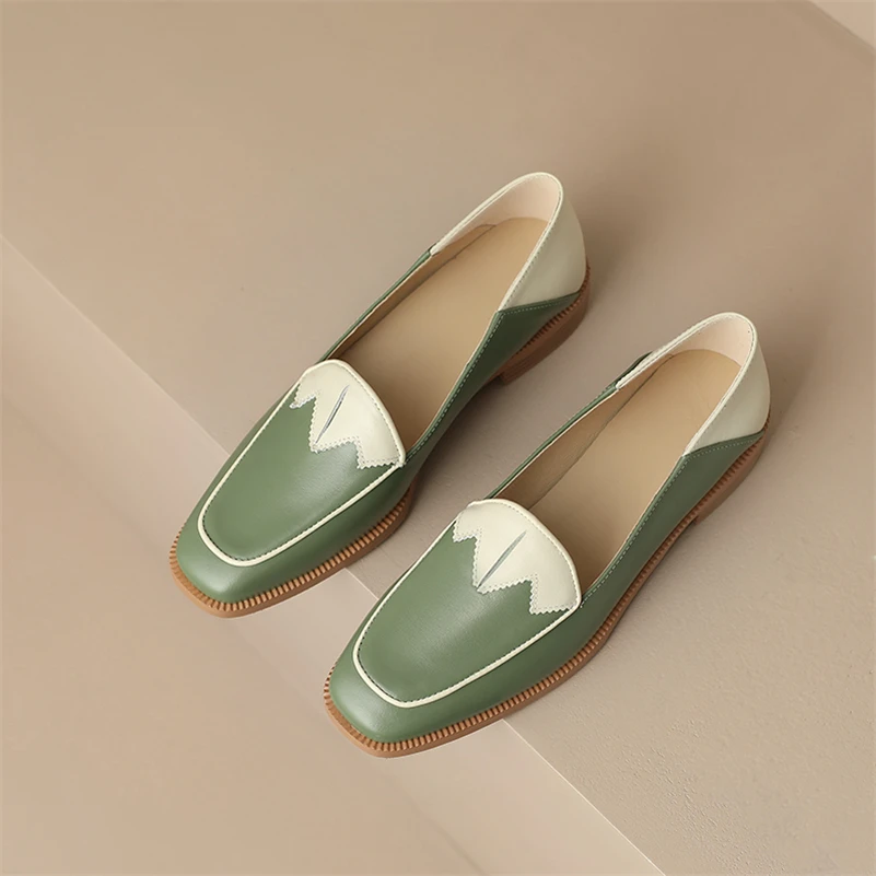 Meotina Women Genuine Leather Round Toe Flat Mixed Colors Shoes Ladies Fashion Casual Footwear Autumn Spring Green Black 40