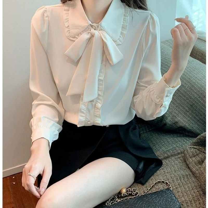 Women 2023 New Ruffles Shirt Top Design Sense Niche Long Sleeves Noble Foreign Style Luxury Temperament Loose Bowknot